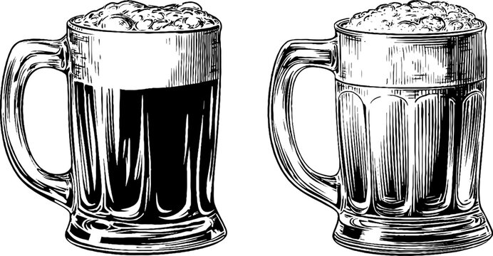 Vintage beer stein collection with foam silhouette for retro design and print