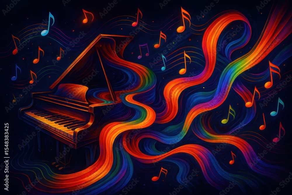 Poster abstract musical composition with flowing rainbow piano keys and dynamic sound wave visualization