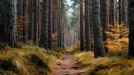 Obraz premium Forest path through tall trees with autumnal colors and soft daylight
