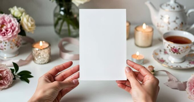Woman holding empty card on table with flowers and tea set. Bridal shower invitation mockup concept.  