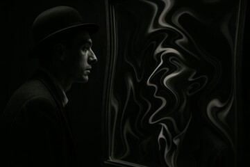 Surreal reflection of a circus performer gazing at abstract artwork in dim lighting