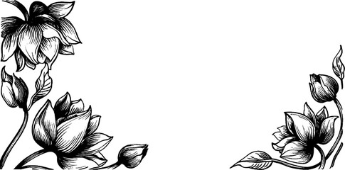 Elegant lotus flower corner motif in black and white for decorative design