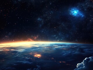 Fototapeta premium Space view of a planet with clouds and stars