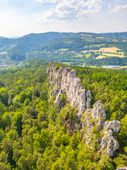 Panoramic view of the dry rocks of Suche skaly in Bohemian Paradise, Czechia. The sandstone...