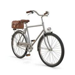 Classic Bicycle with Brown Bag Retro-style Silver Bike on White Background