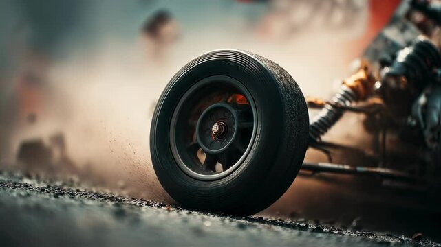 Close up of a racing car wheel spinning powerfully, throwing debris into the air and creating a cloud of dust on a dark asphalt track during a dynamic race