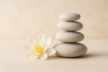 Obraz na płótnie Canvas Zen meditation stones balanced with space for inspirational text