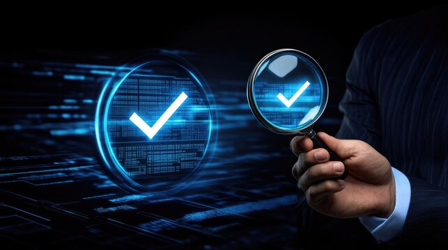 Magnifying glass focused on a digital checkmark.