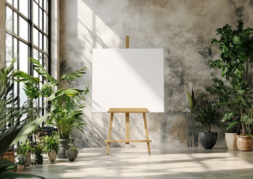 Empty canvas on easel in sunlit room with plants