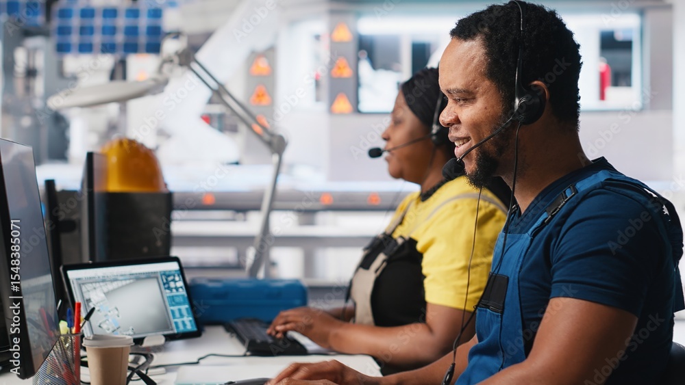 Poster engineer provides technical support via headset in solar panel factory, operator assists customers w
