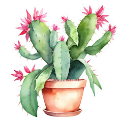 Cactus in a terracotta pot with pink flowers isolated background