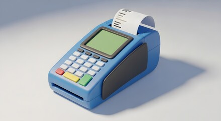 Blue Payment Terminal with Green Screen Display and Paper Receipt on White