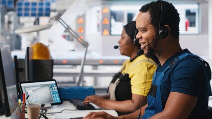 Engineer provides technical support via headset in solar panel factory, operator assists customers...