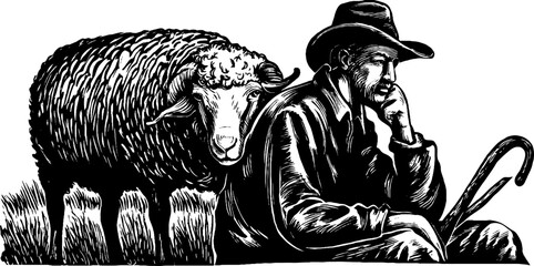 Vintage shepherd resting with crook and sheep silhouette for rustic design