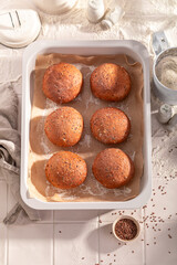 Hot and brown flax seed rolls baked in the bakery.