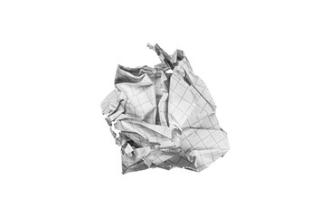 A crumpled checkered paper sheet on a white background fits educational themes. Its wrinkled grid...
