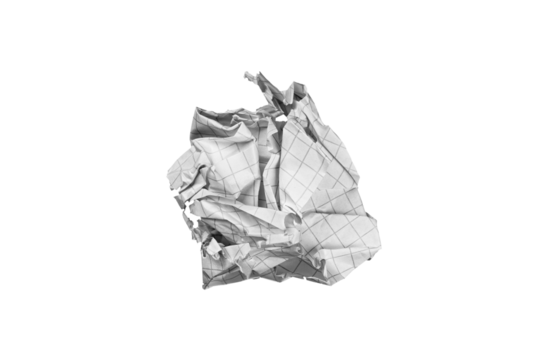 A crumpled checkered paper sheet on a white background fits educational themes. Its wrinkled grid adds realism for recycling lessons or math errors.
