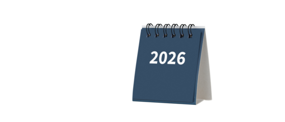 Desktop calendar for cover 2026 in white colour. Mini planner for business and finance, spiral view on isolated white background close up.