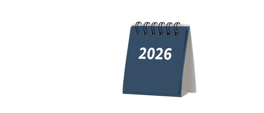 Desktop calendar for cover 2026 in white colour. Mini planner for business and finance, spiral view on isolated white background close up.