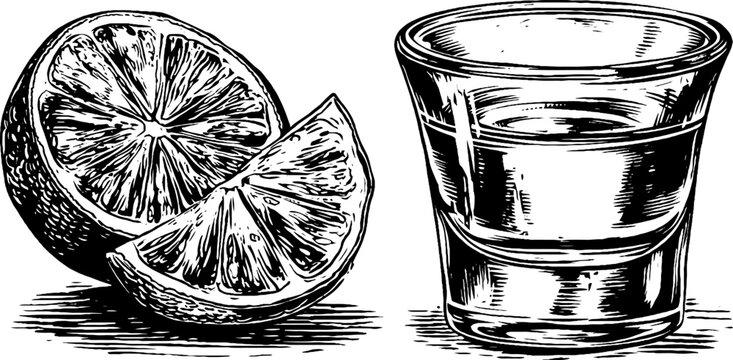 Vintage hand drawn tequila shot glass with lime wedge for retro bar design