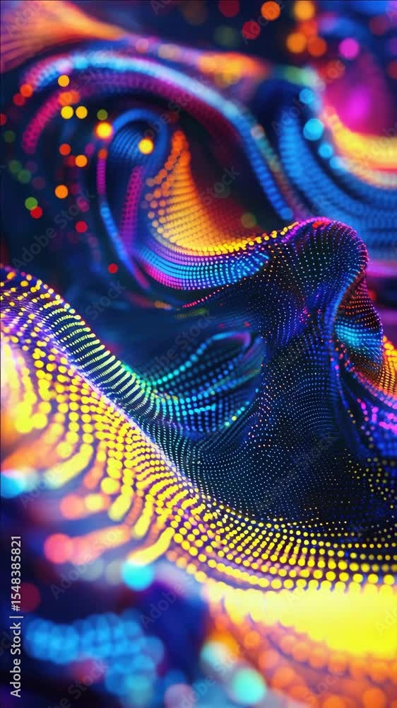 Poster this depicts a vibrant digital abstract art piece with swirling patterns and bright neon colors. it'
