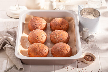 Hot and tasty flax seed rolls baked in the bakery.