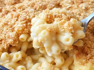 A close up view of a spoon holding macaroni and cheese with a breadcrumb topping on a close up shot