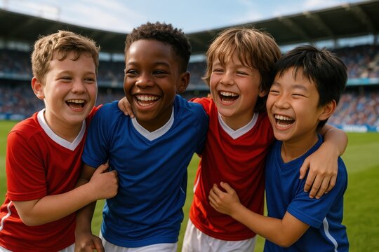 Diverse youth soccer team celebrating championship victory with pure joy and team spirit in professional stadium setting
