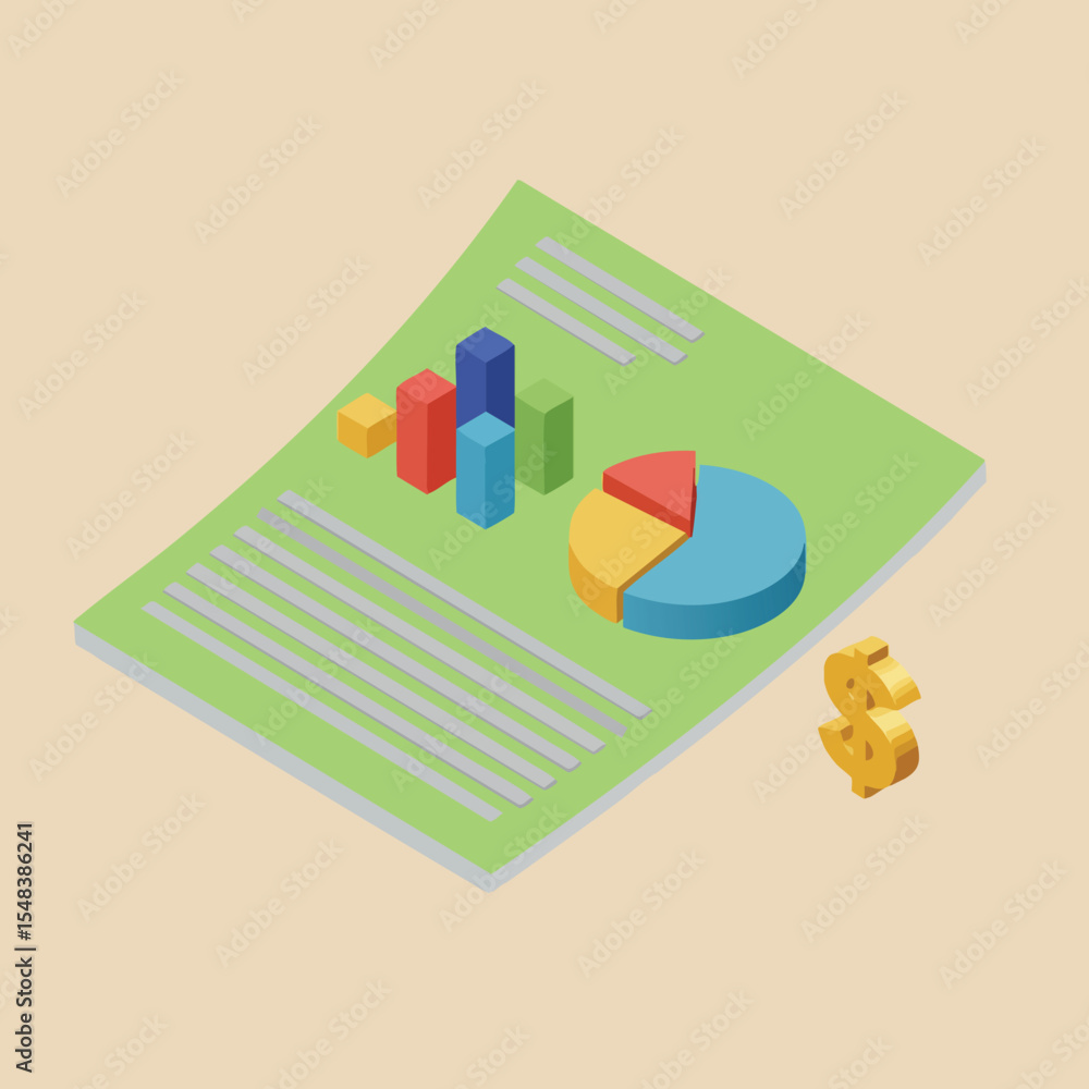 Poster financial report with colorful 3d pie chart and bar graph illustration for business analysis and dat