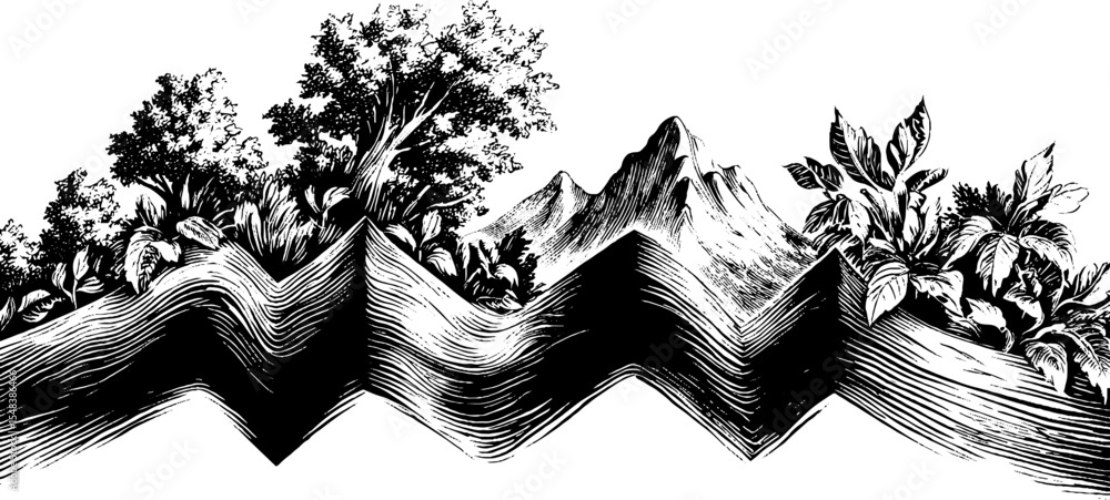 Poster zig zag chevron border with nature scene in black and white design for print