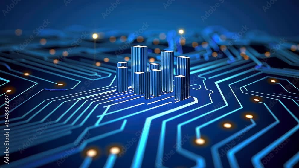 Poster digital data: a close-up shot reveals the complex beauty of a circuit board, illuminated with a netw