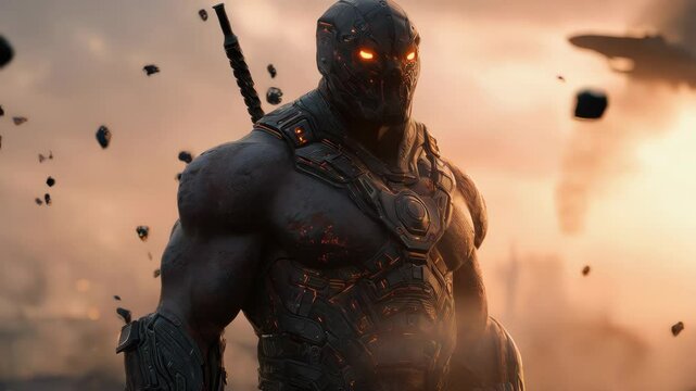 An alien warrior with glowing eyes and armor is standing in a rocky battlefield under a dramatic sky.
Concept of power and science fiction
