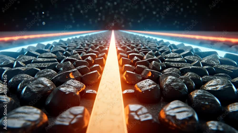 Poster neon path: glowing neon lines illuminate a path of dark stones, creating a futuristic and otherworld