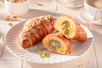 Tasty and traditionally pistachio croissants ready to eat.