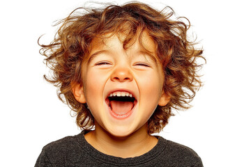 Joyful child with curly hair laughing heartily, showcasing happiness and carefree innocence in a playful moment of childhood joy and exuberance.