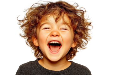 Joyful child with curly hair laughing heartily, showcasing happiness and carefree innocence in a playful moment of childhood joy and exuberance.