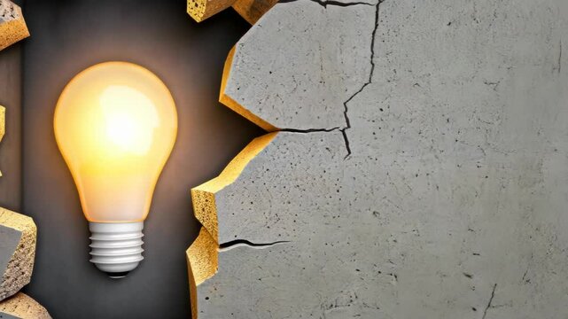 Breaking Through: An illuminated lightbulb emerges from a cracked wall, symbolizing innovative ideas, creativity, and the breaking down of barriers to achieve success and enlightenment. 