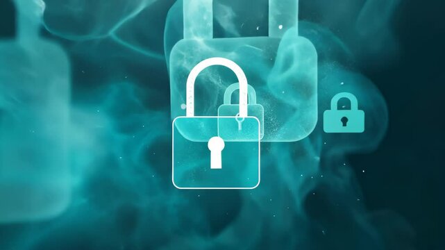 Cybersecurity Padlock: A trio of translucent padlocks, rendered in a vibrant teal hue, float amidst a swirling, ethereal teal smoke, symbolizing the intangible nature of digital security.