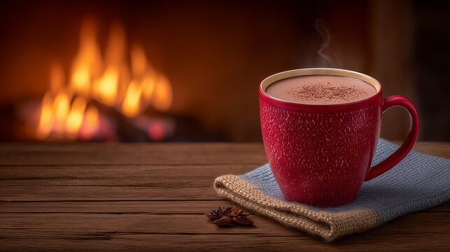 Hot beverage in red mug sits on rustic wooden table beside flickering fireplace. Warm glow and steaming drink create inviting atmosphere. Concept of cozy home, warmth, comfort - Powered by Adobe