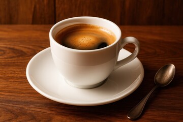 Artisanal coffee cup perfectly positioned on rustic wooden table in cozy café environment