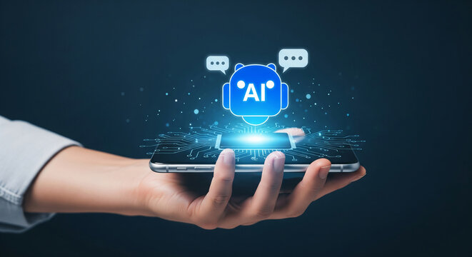 Hand holding smartphone displaying AI chatbot icon with circuit board design, symbolizing artificial intelligence and mobile technology integration, showcasing future tech concept