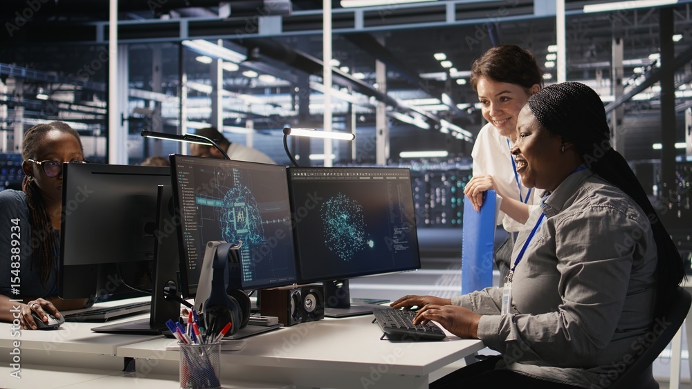 Poster data center team leader and it expert reviewing performance dashboards of ai equipment rigs. server 