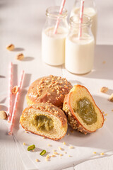 Delicious and yummy pistachio donuts as a lunch snack.