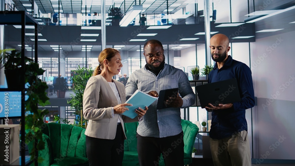 Poster confident business experts participating in a briefing meeting for a new partnership, combining insi