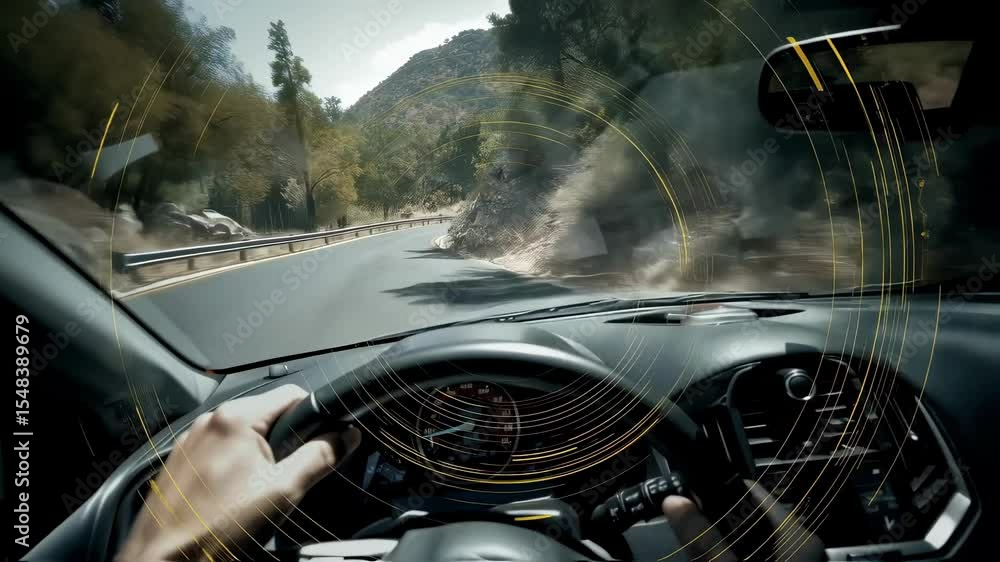 Poster dashboard view of a driver's hands maneuvering a steering wheel while navigating a winding mountain 