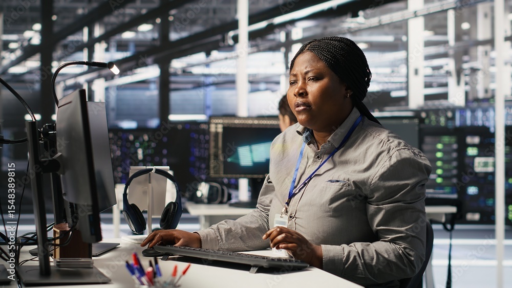 Poster data center computer scientist using pc to monitor artificial intelligence visualization. server far