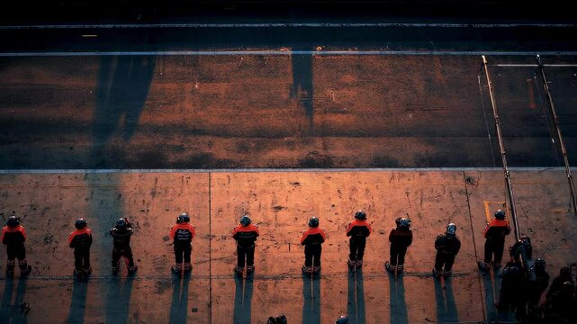 Track marshals and race engineers stand ready in the pit lane, awaiting a racing car approaching at high speed during a pit stop at sunset, casting long shadows on the asphalt