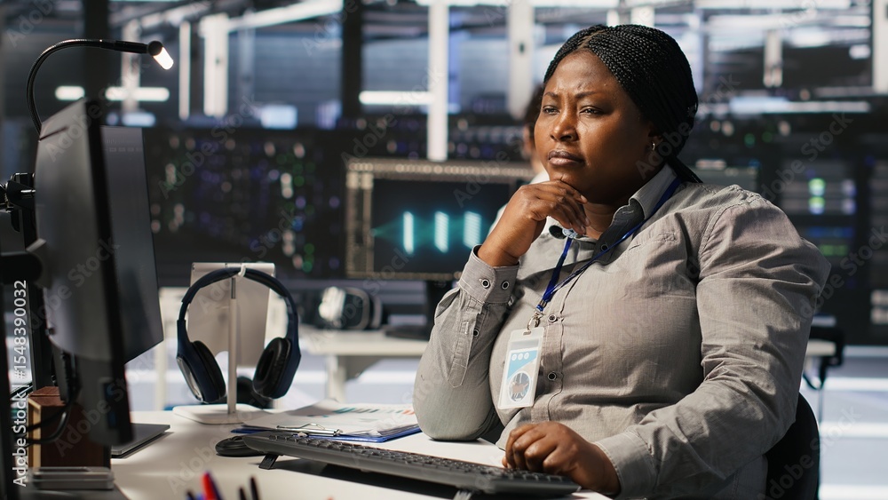 Poster woman in data center doing software updates, verifying machine learning parameters. server farm it e