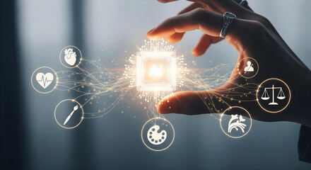 Conceptual Illustration of Human Hands Holding a Luminous AI Core, with Light Threads Connecting to Values Like Empathy and Fairness, Symbolizing Ethical AI.