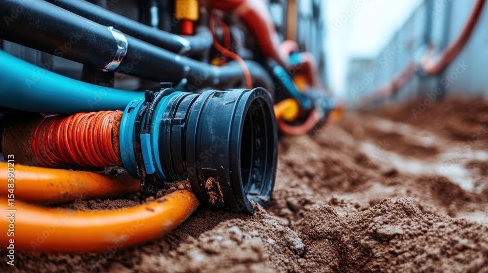 Poster an intricate view of vibrant piping systems on a construction site, showcasing the complexity and or